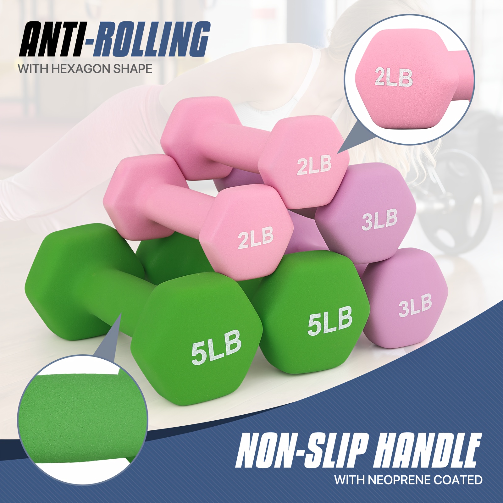 Set of 6 Neoprene Coated Dumbbells Set, Hand Weights Anti-Roll Non-Slip with Smooth Grip