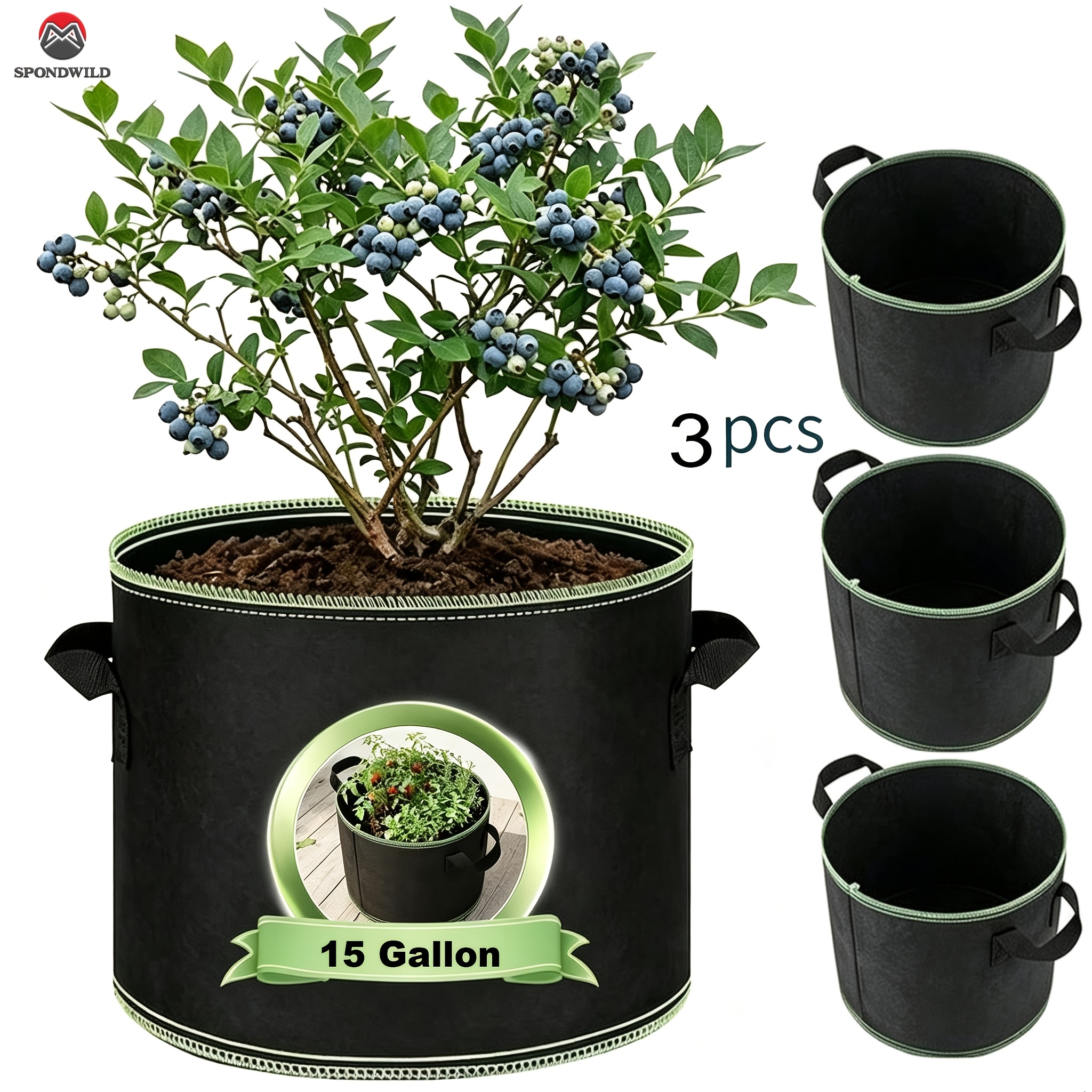 TEMU 3pcs 15 Gallon Grow Bags, Thickened Aeration Fabric Pots, Heavy Duty Planting Bags With Handles For Vegetables, Tomatoes, Potatoes, Fruits And