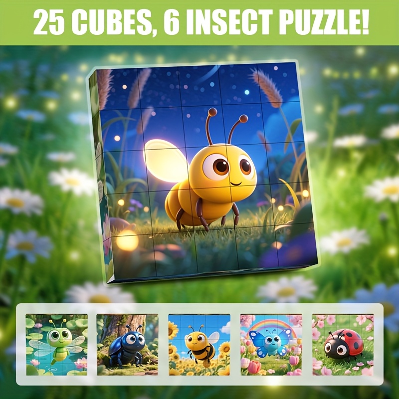Image of 25pcs Magnetic Cube Puzzle Toy. Assembled Into 6 Adorable Insect Patterns: Bee, Dragonfly, , Ladybug, , And Other Cute Big- Designs. Magnetic Building Block Magnet Toy, Magnet Toy, Random Color