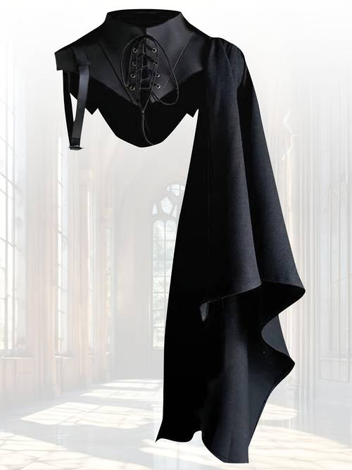 costume for halloween featuring a medieval cloak suitable for cosplay stage performances and parties designed as a demon or vampire outfit it a retro steampunk style with shoulder a gothic half cloak made of faux leather