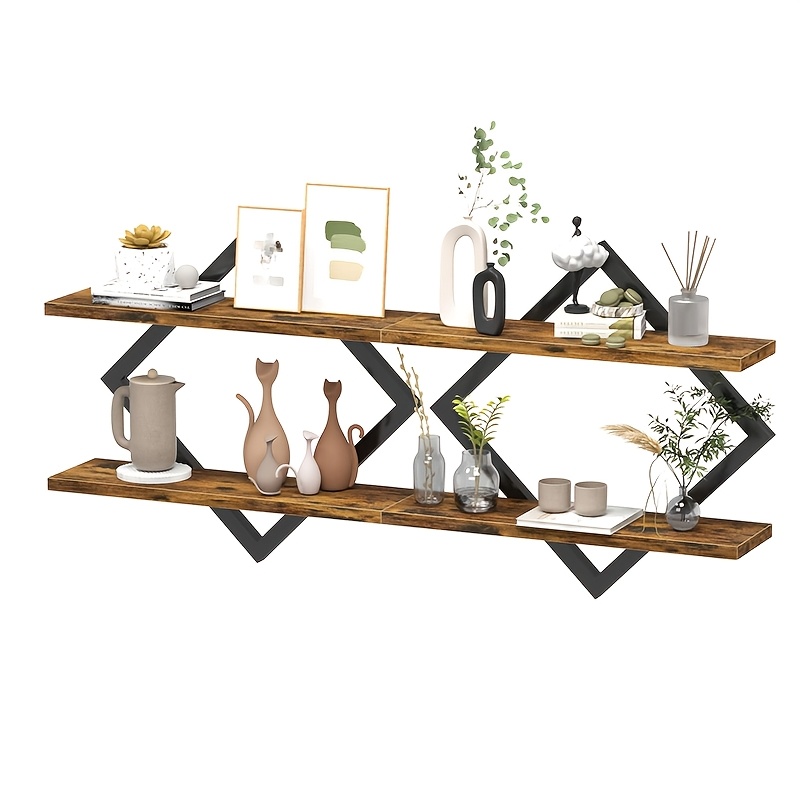 TEMU 2pcs Diamond Geometric Floating Wall Mount Shelf, Rustic Wooden 2-layer Display Shelving, Wall-mounted Storage Racks, Industrial Wall Storage