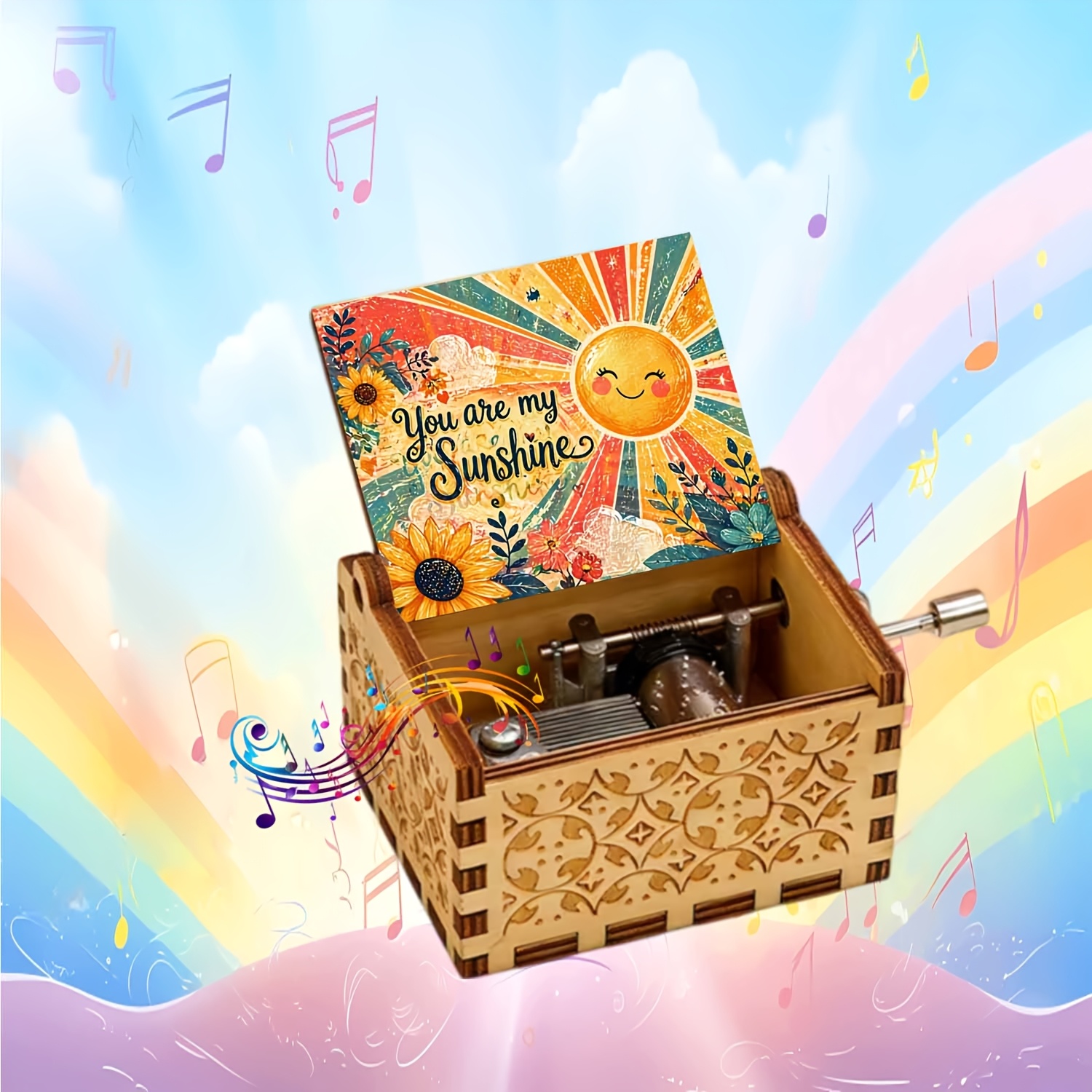 TEMU 1pc Vibrant Sunflower And Vintage Wooden Hand-cranked Music Box, Holiday Gifts For Families , And Daughters, Anniversaries, Birthday Gifts, Home