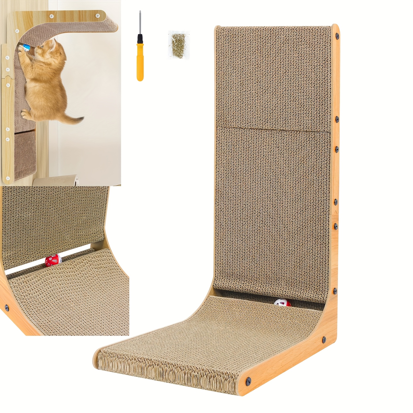 E-shop L-förmiger Katzenkratzbaum mit 68 cm/26,8" Höhe, mit einem wandmontierten Kratzbrett und einem Ballspielzeug, entwickelt für Katzen im