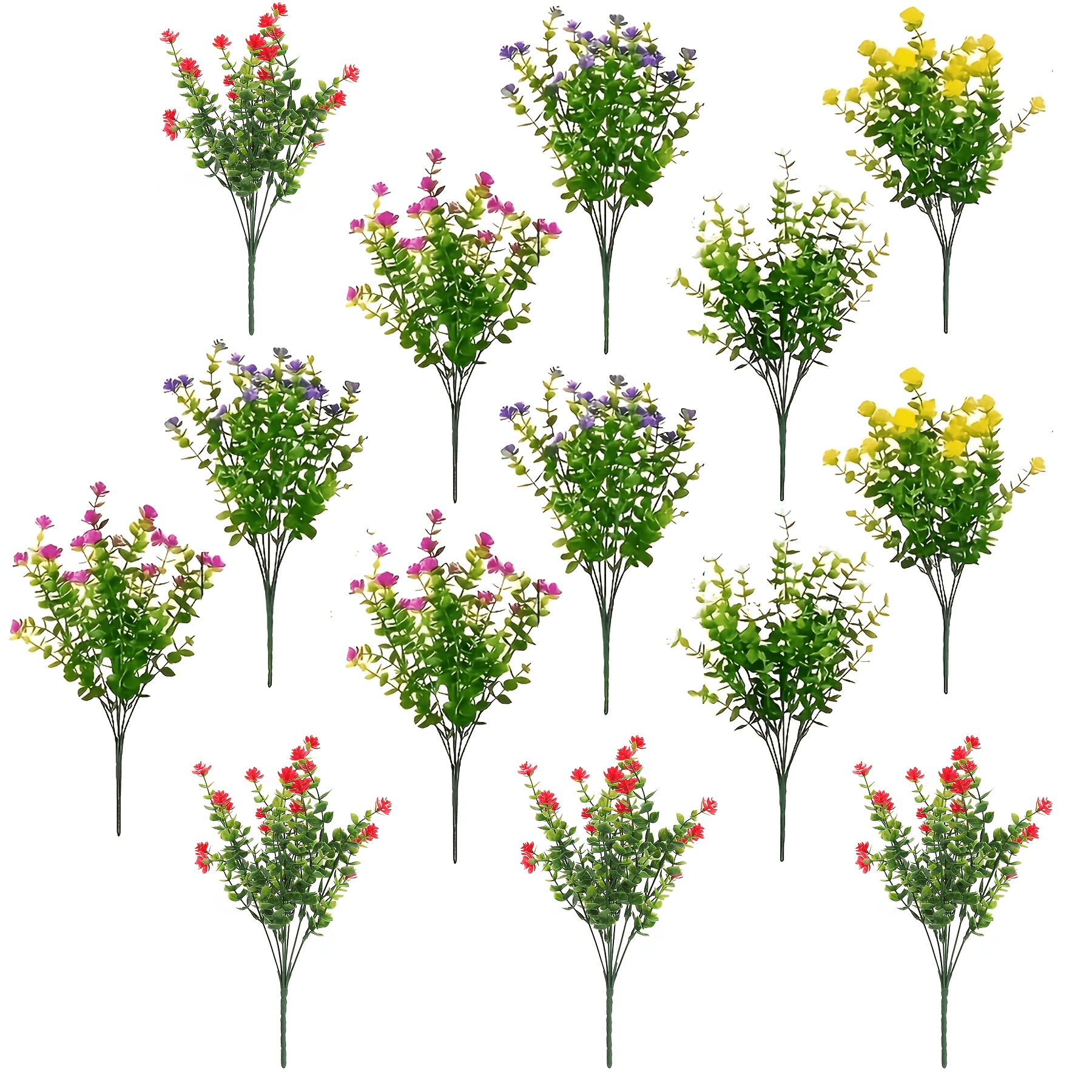 Image of 14 Bundles Of Vibrant Mixed Color Eucalyptus And Camellia Artificial - Uv- Plastic, Perfect For Indoor/outdoor Decor, Ideal For Yard, Garden, And Porch Arransynthetic Gemstoneents
