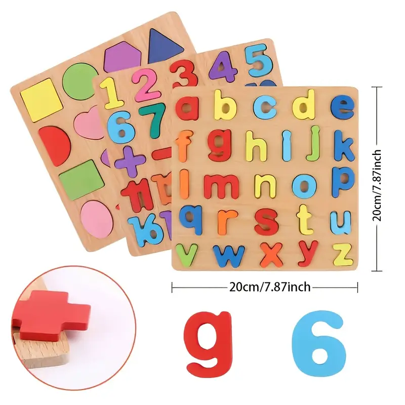 baby education toddler puzzles 3 sets wooden abc alphabet number shape puzzles toddler learning toys for boys and girls details 2