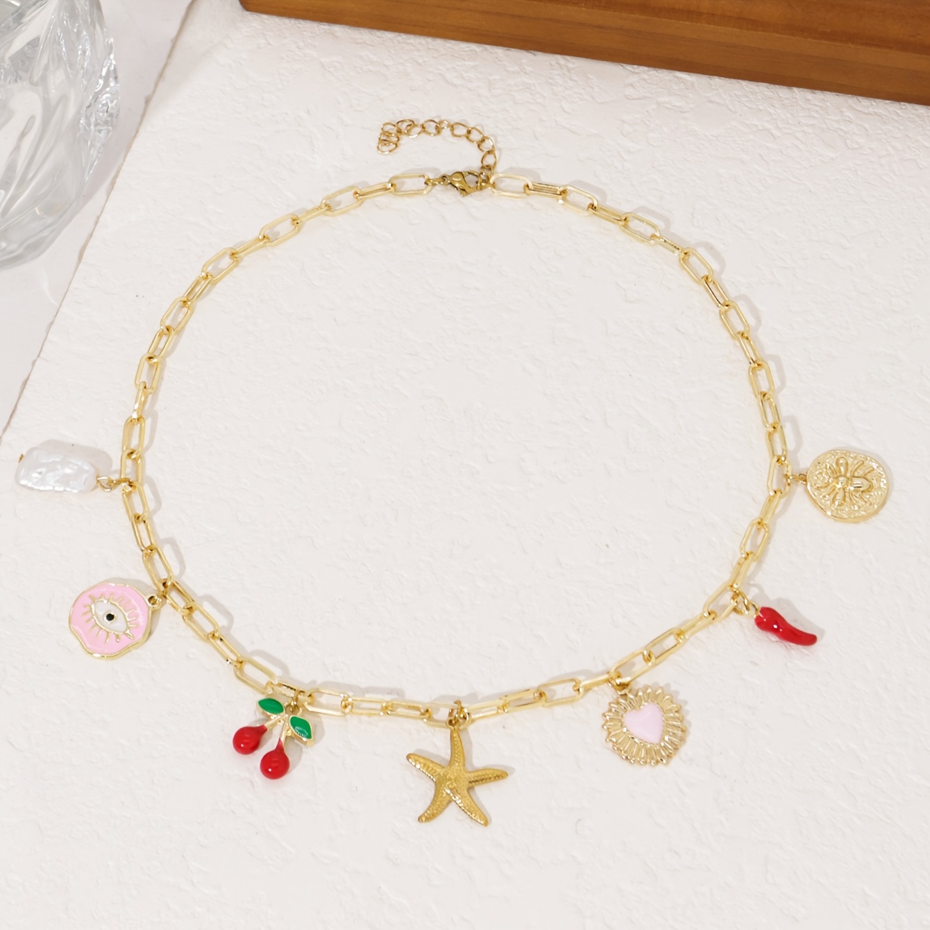 TEMU A Women's Stylish Pendant Necklace Featuring A Creative Vintage Round Tag, With Designs Of Cherries, The Evil Eye, Starfish, And Chili Pepper,