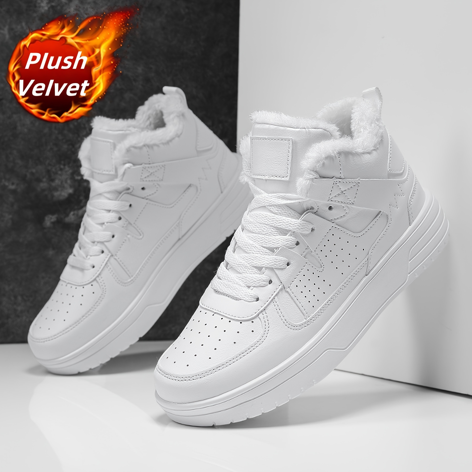 Image of Winter 's High-top -lined Thick Sneakers - Red Accent, Comfortable And Versatile, Suitable For Outdoor Activities And Hiking | Lace-up, Thick Sole, Casual Shoes
