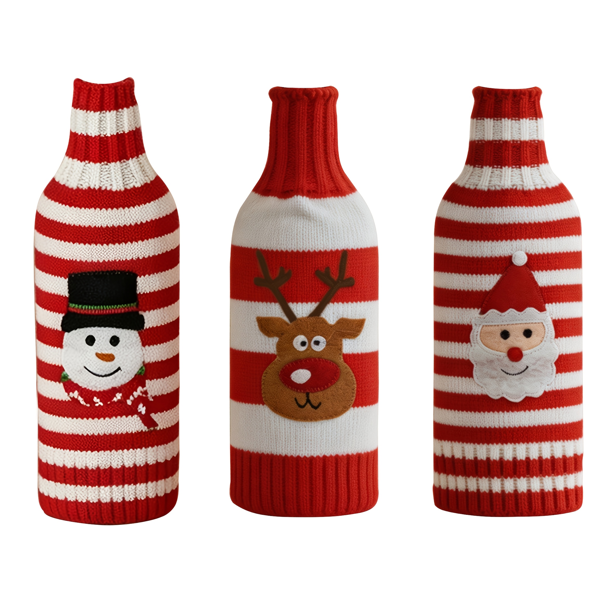 TEMU 3pcs Christmas Red Wine Knitting Packaging Set Red Wine Gift Decoration, Festive Table Decoration Wine Bottle Cover Cartoon Knitted Santa Claus