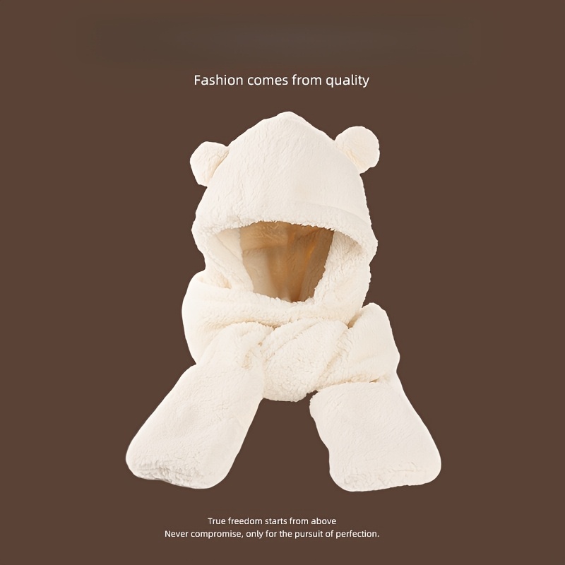 Women's 3-in-1 Winter Hat Scarf & Gloves Suitable for Cold Weather - Plush Bear Hooded Ear Warmer, Lightweight for Outdoor Activities, Fashionable