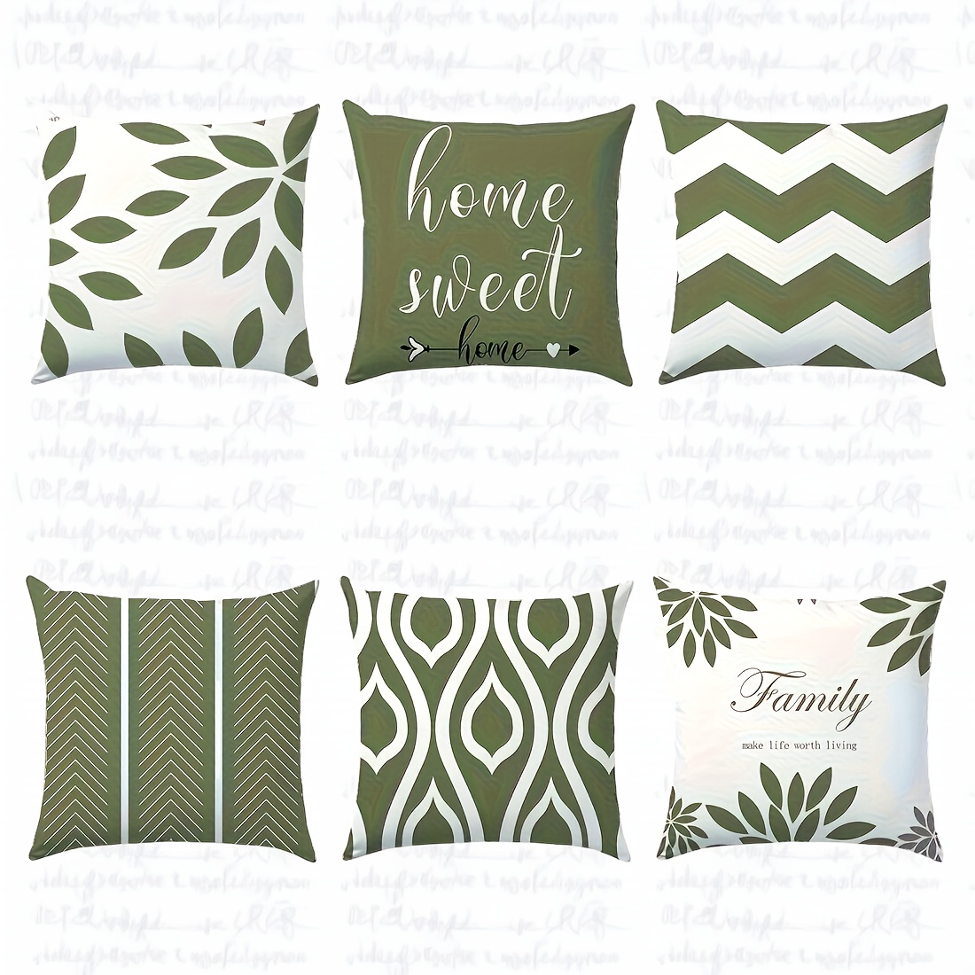 E-shop 6 Kissenbezüge mit geometrischen Linien Text, olivgrünes Farbschema eine gemütliche Atmosphäre, Olivgrün- Weißtöne, geeignet für Sofas,