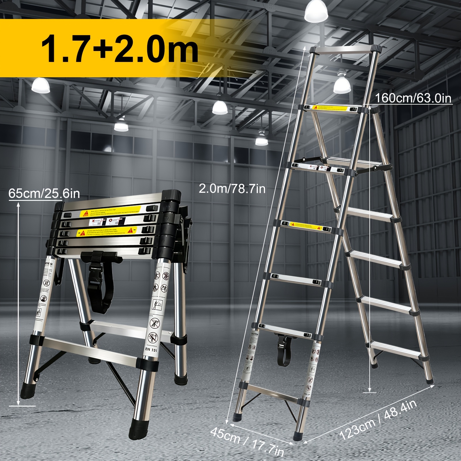 Telescopic Folding Ladder, Non-slip Ladder, Stainless Steel Ladder, Extendable Ladder, Step Ladder, Load Capacity 150kg