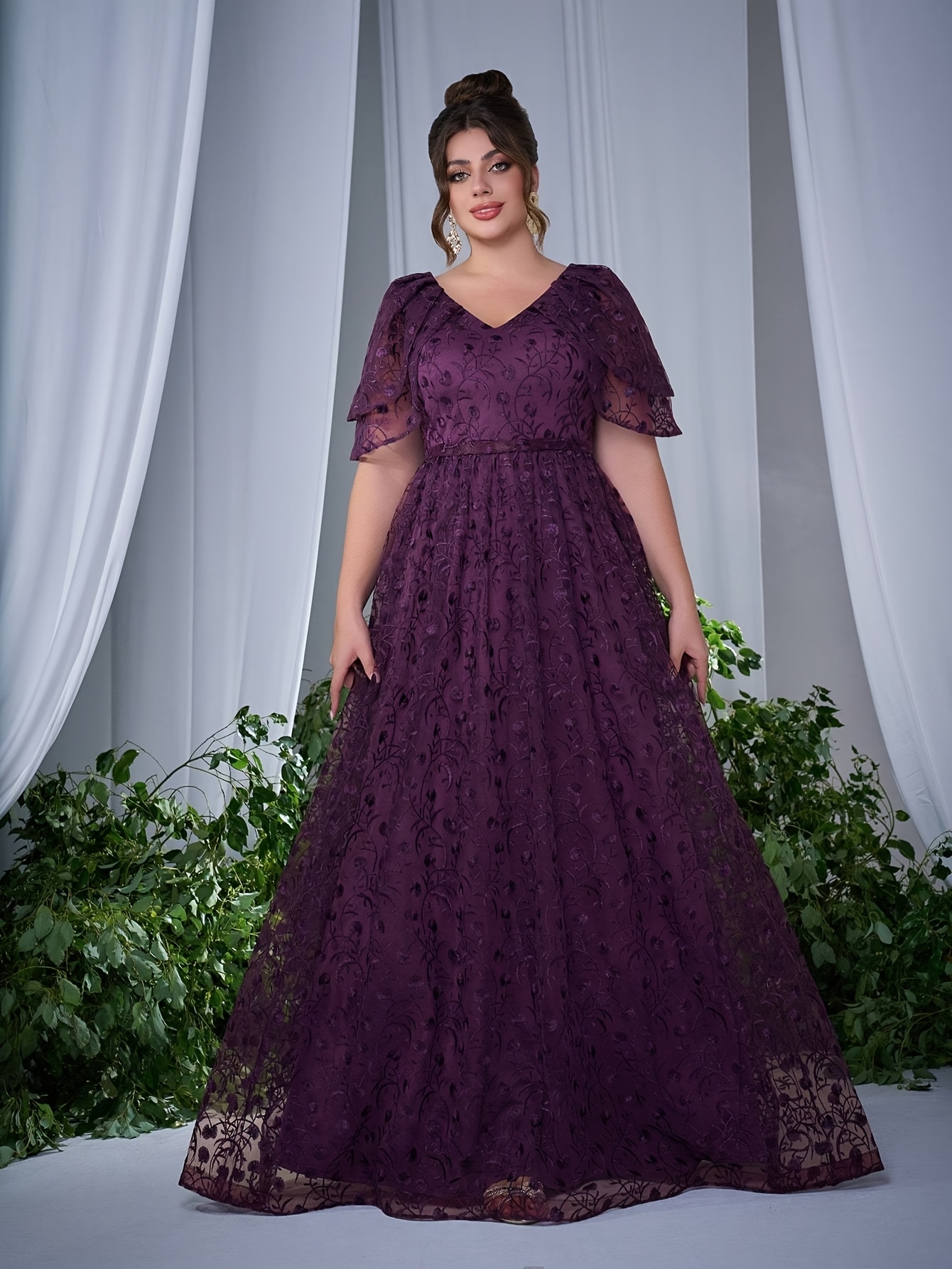 Lace Deep Purple Ball Gown Elegant V Neck Lace Double Layer