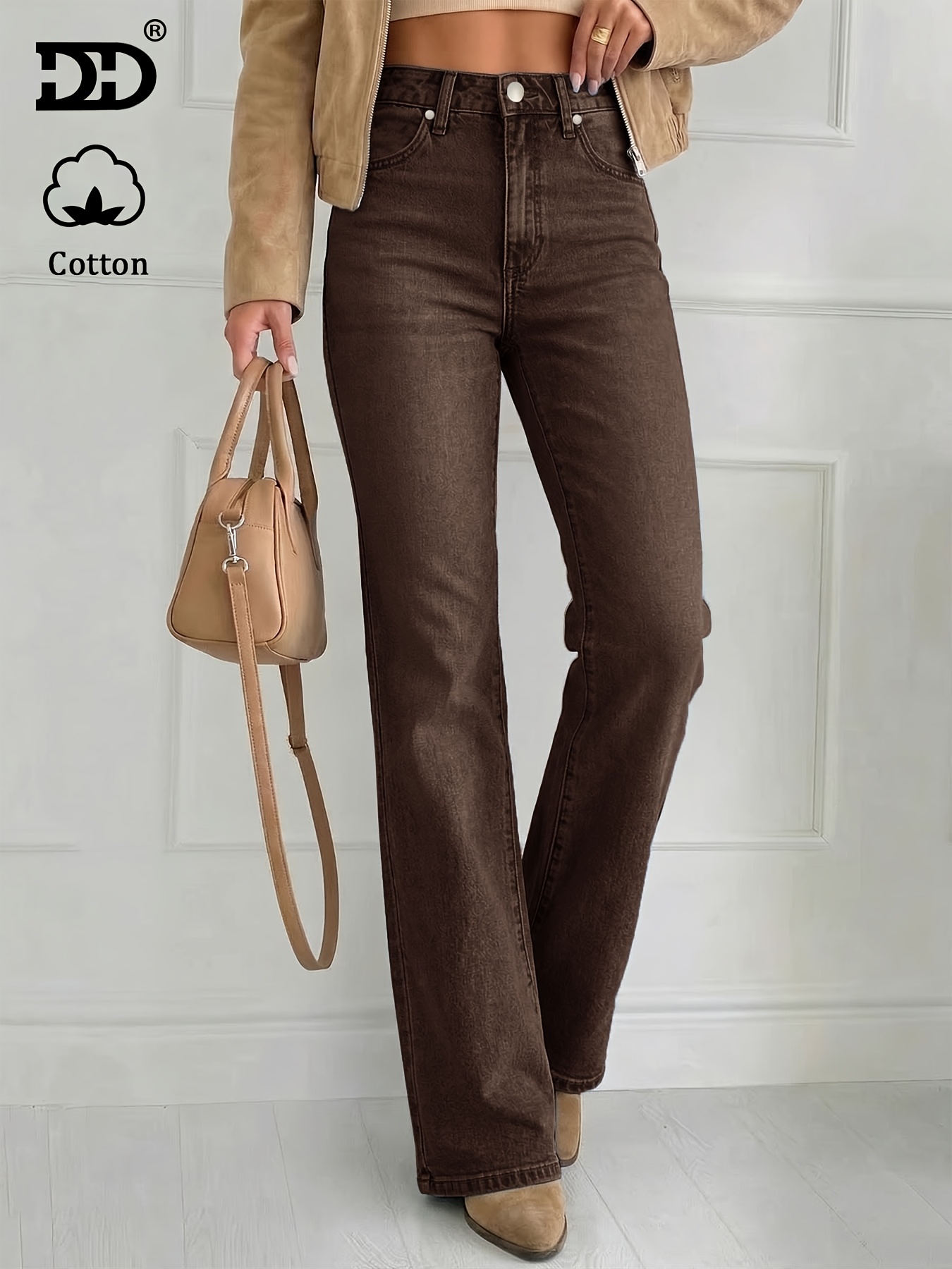 immagine dell'articolo jeans elasticizzati da donna 2026, pantaloni in denim color caffè lavato   con tasche,   pantaloni a   con   della  , abbigliamento da donna street-style, pantaloni casual   adatti per lavoro,   e ufficio