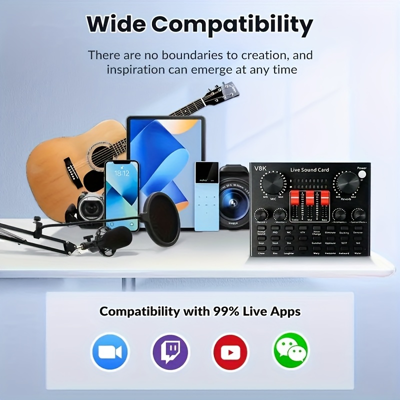 Професионален аудио интерфейс Live Sound Card V8K с напрежение под 36V, с USB кабел за зареждане и вградена 18650 литиева батерия за преносимост - идеален за външно стрийминг, запис, озвучаване и пеене