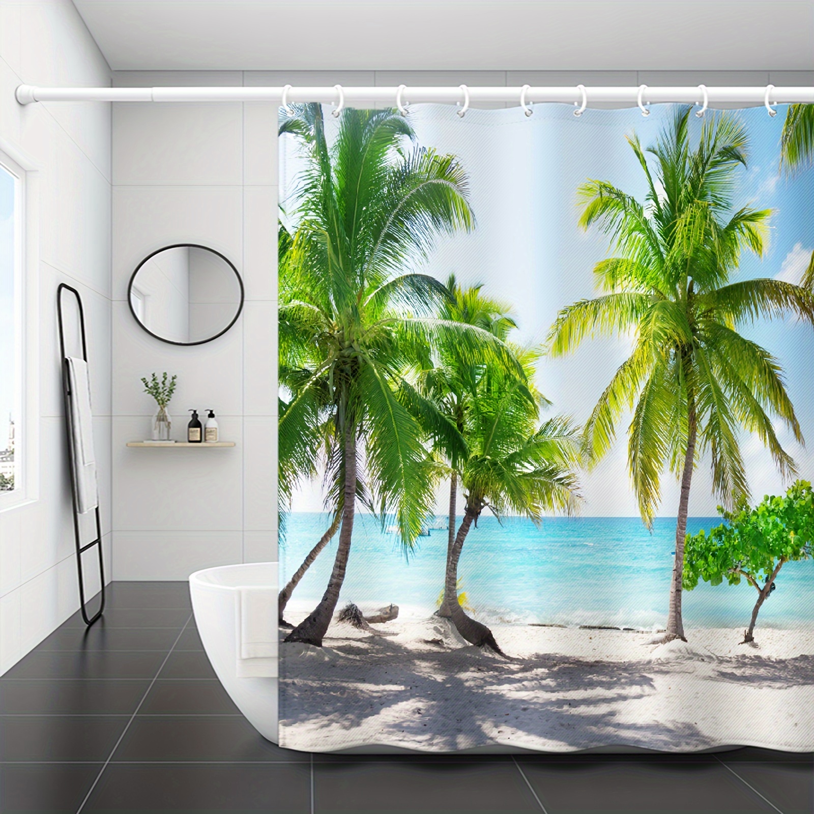 

1pc Tropical Beach Shower Curtain, 70.8 X 70.8 Inches, Waterproof Fabric Bathroom Decor With Vibrant Palm Tree Design, Ocean Themed Home Decor For Beach Lovers