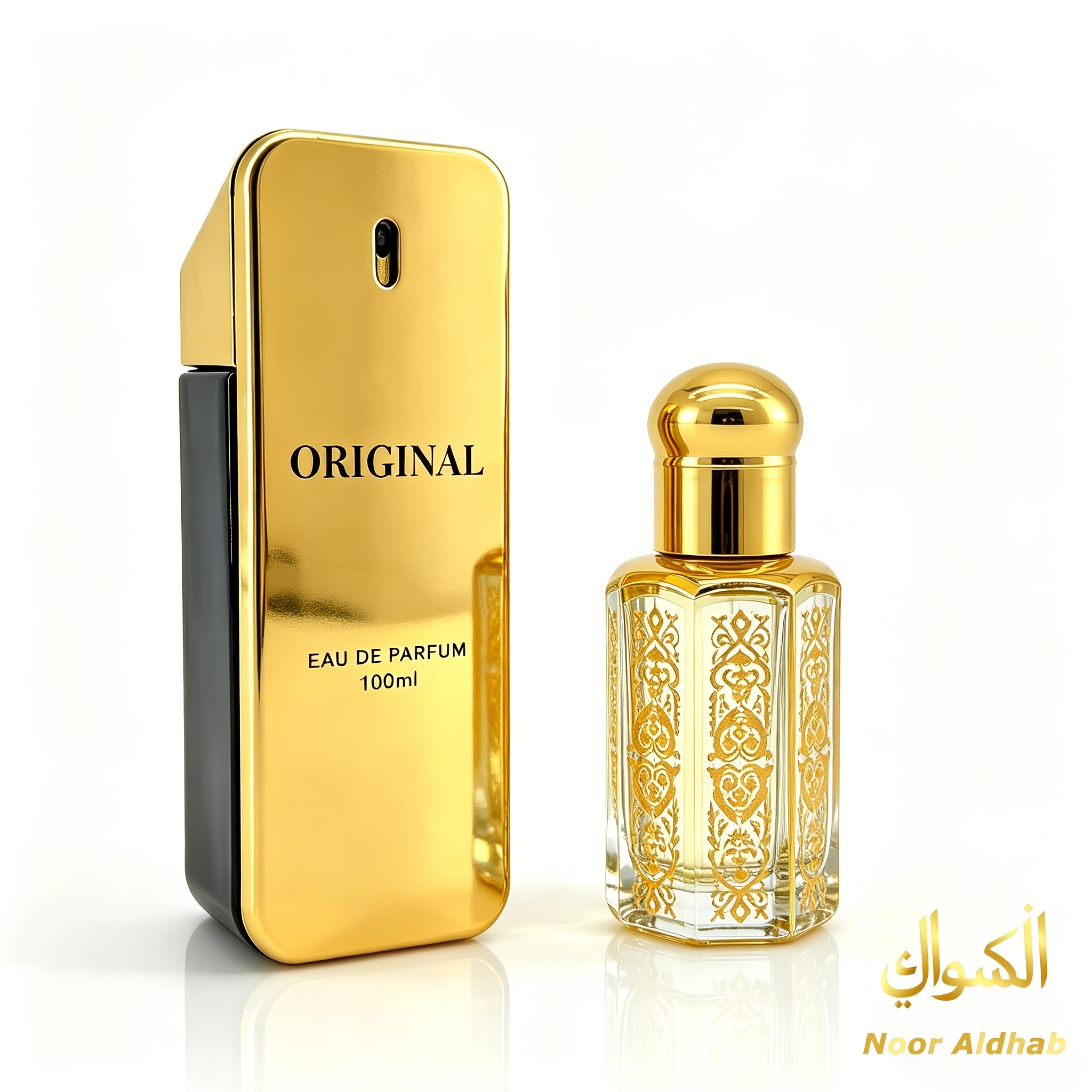Image of 2pcs Noor Aldhab Luxury 's Perfume Set | Large Bottle For Home Use, Engraved Small Bottle For , Citrus Notes, Long-lasting Scent. Ideal Gift For Christmas, Valentine's Day And Father's Day.