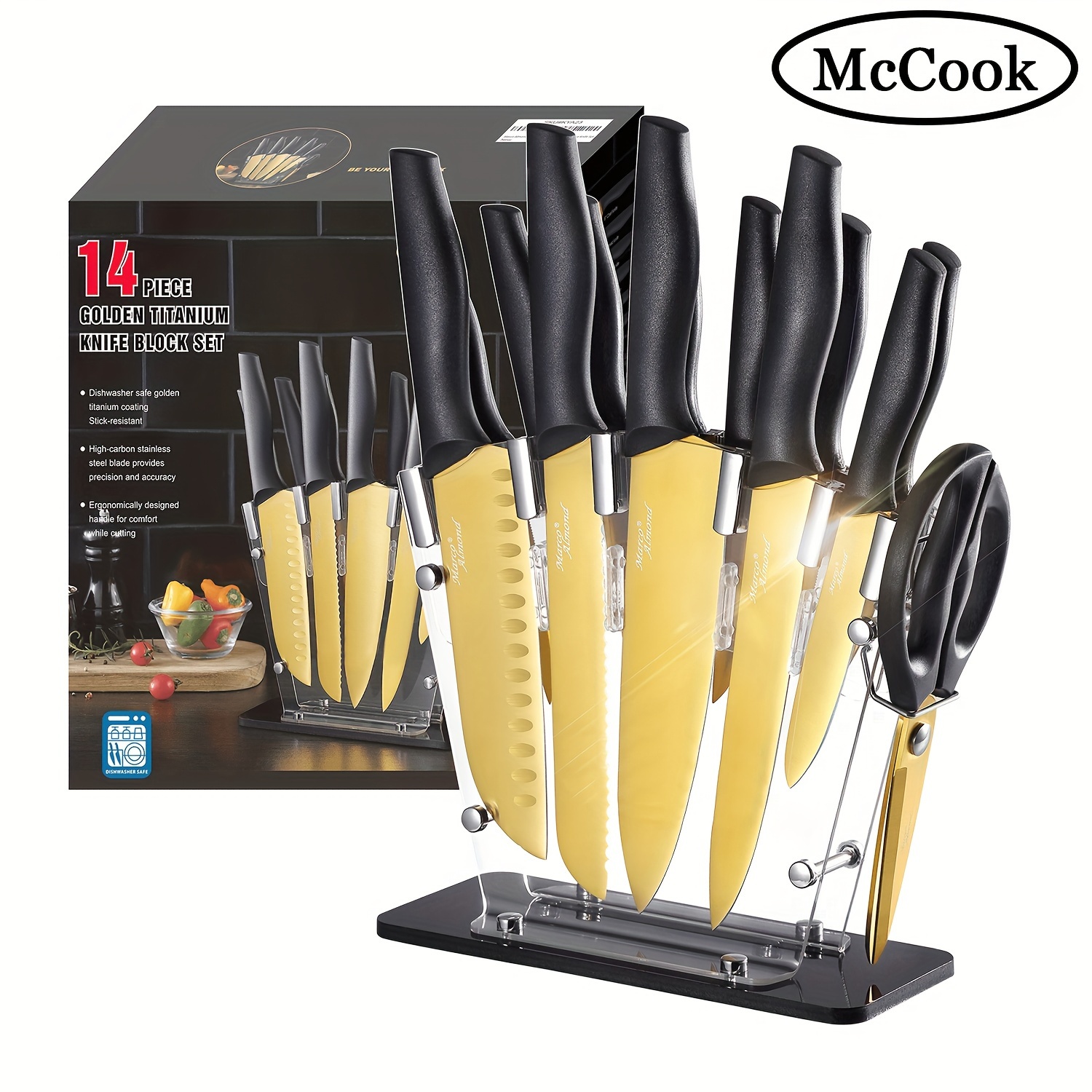 

14pcs Golden Kinfe Set, Mccook Tea23 Dishwasher Set With Stand Kitchen Knives Stainless Steel