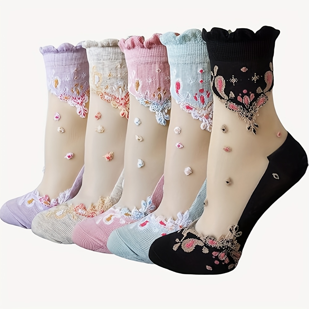 E-shop 5er-Pack Damen Retro Barockhof-Stil Glasblumen Bubble Toe Socken für Frühling-Sommer