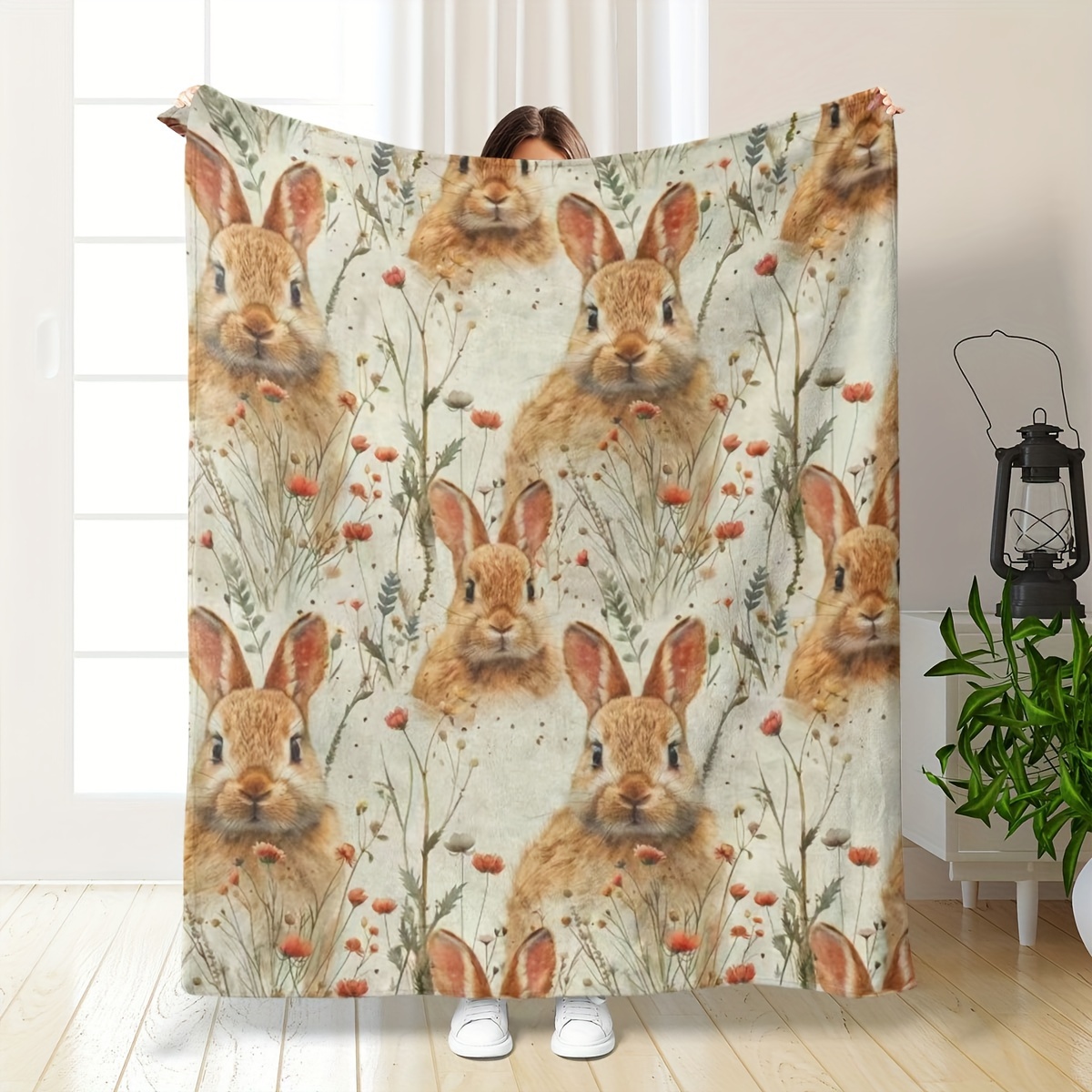 

Rustic Floral Rabbit Print Throw Blanket, Contemporary Style, Home Decor, Soft Flannel, Knitted Fabric, , Polyester Cover, 200-250g Square Kilogram, For Bed, Sofa, Chair, Living Room Decor