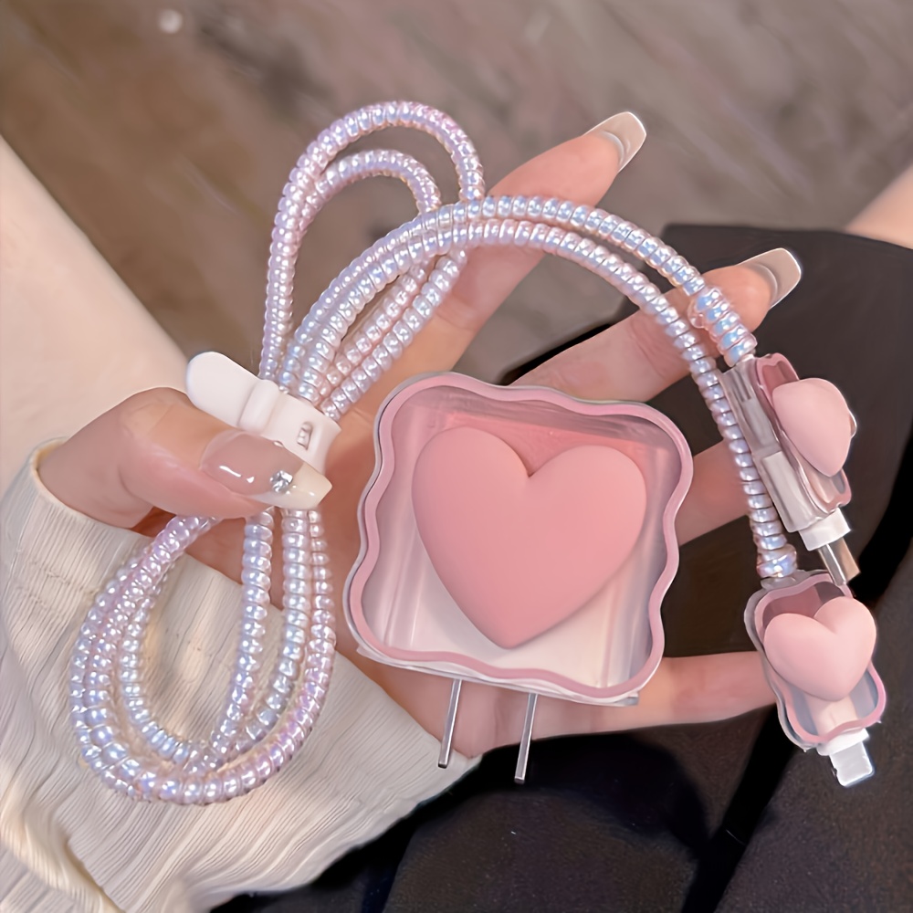 

5pcs Pink Love Protective Case Wrapped Rope Suitable For Iphone Charger 18w 20w Fast Charging Soft Case Protective Case