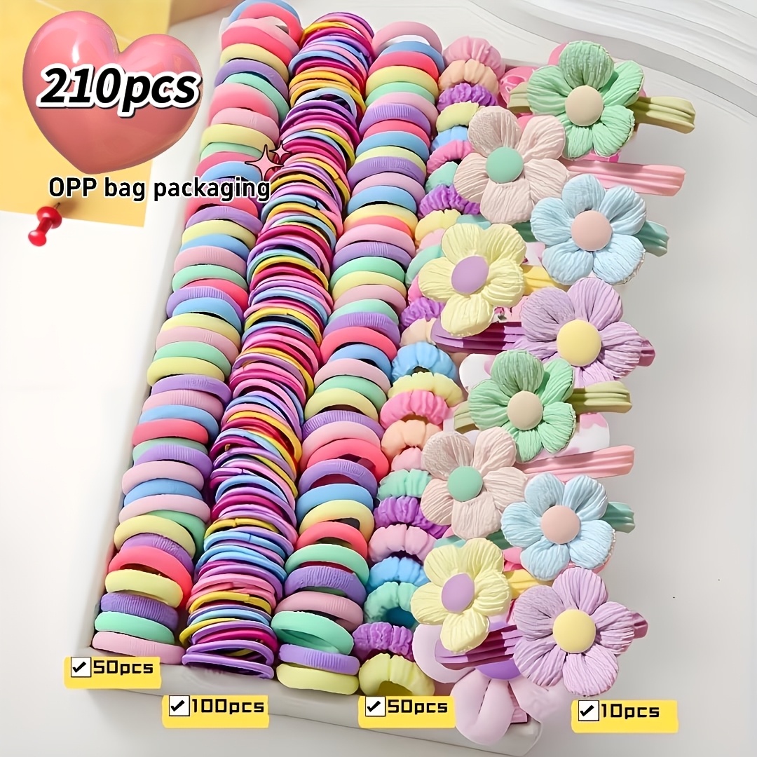 TEMU 210pcs Spring Candy Color Cute Bow Flower Hair Additions Set, Including Three-dimensional Flower Hair Clips And Various Hair Ties And Hair Bands
