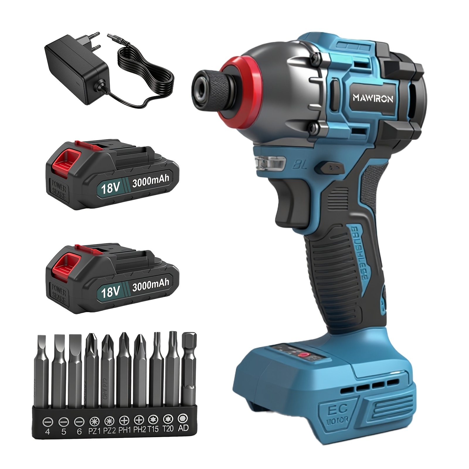 Cordless Impact Driver 18v, Variable Speed (0-2800rpm), With Led Work Light, 10pcs Screwdriver Bitts, With 2pcs 18v 3000mah Battery, Power Tool