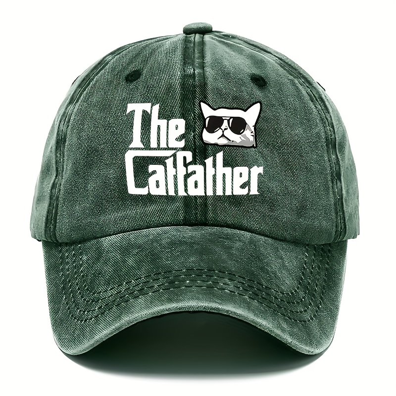 

The Catfather " Moisture Wicking Cowboy Style Baseball Cap, Funky Cat Theme Print Distressed Cotton Duckbill Hat, With Adjustable Strap, For Daily Wear