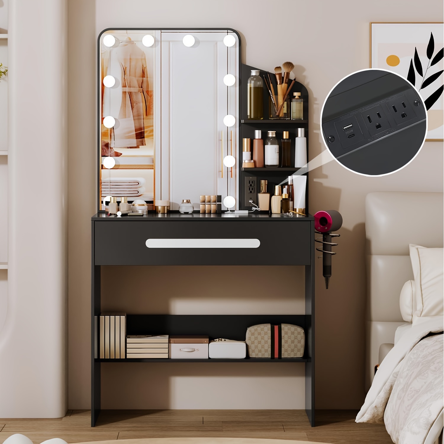 

31.5" W Modern Vanity Desk With Lighted Mirror, Desk Makeup Dressing Table With Power Strip, 12 Led Lights, 1 Large Drawers, Writing Desk With 3-sectio Storage Shelves For Bedroom, Black