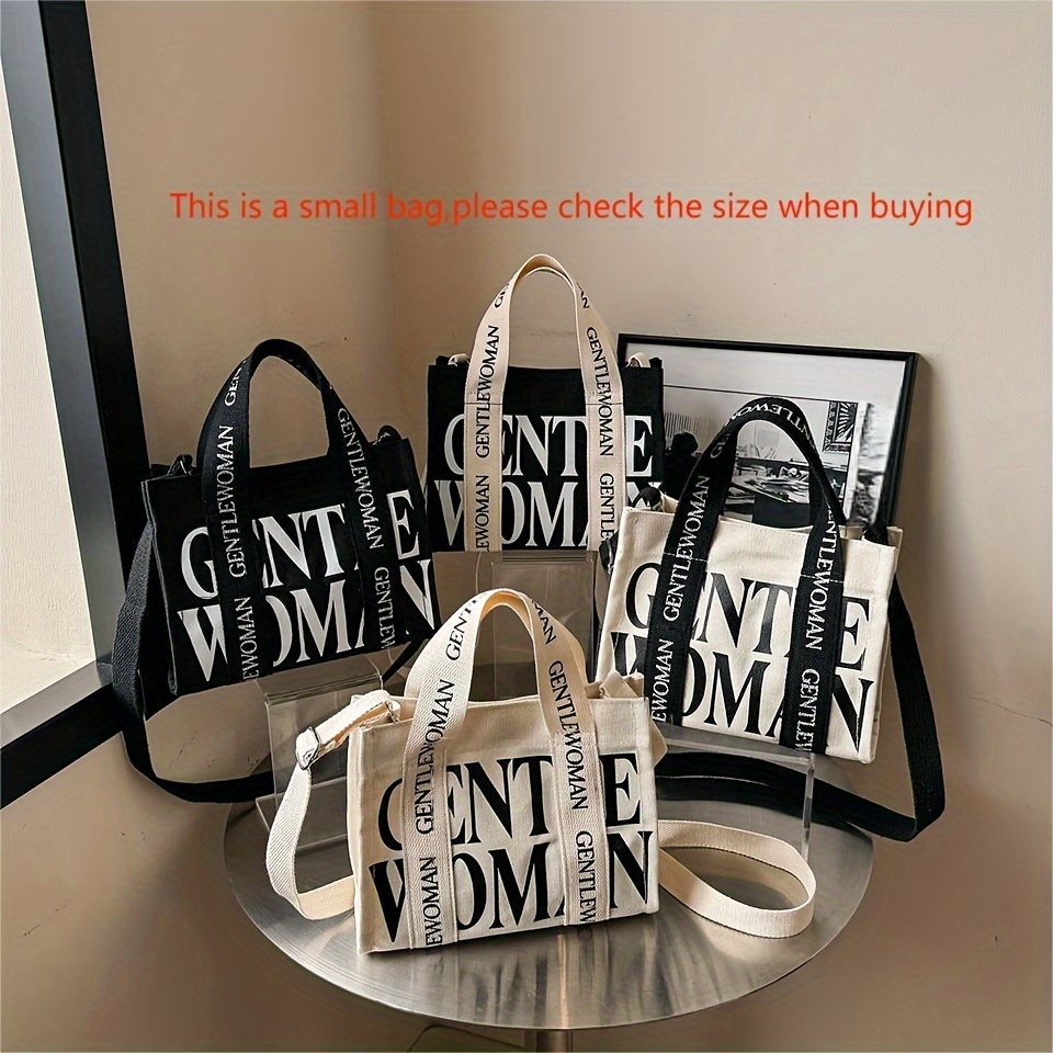 

Trendy Mini Canvas Crossbody Bag, Simple Letter Print Handbag, Fashion Wide Strap Tote Bag