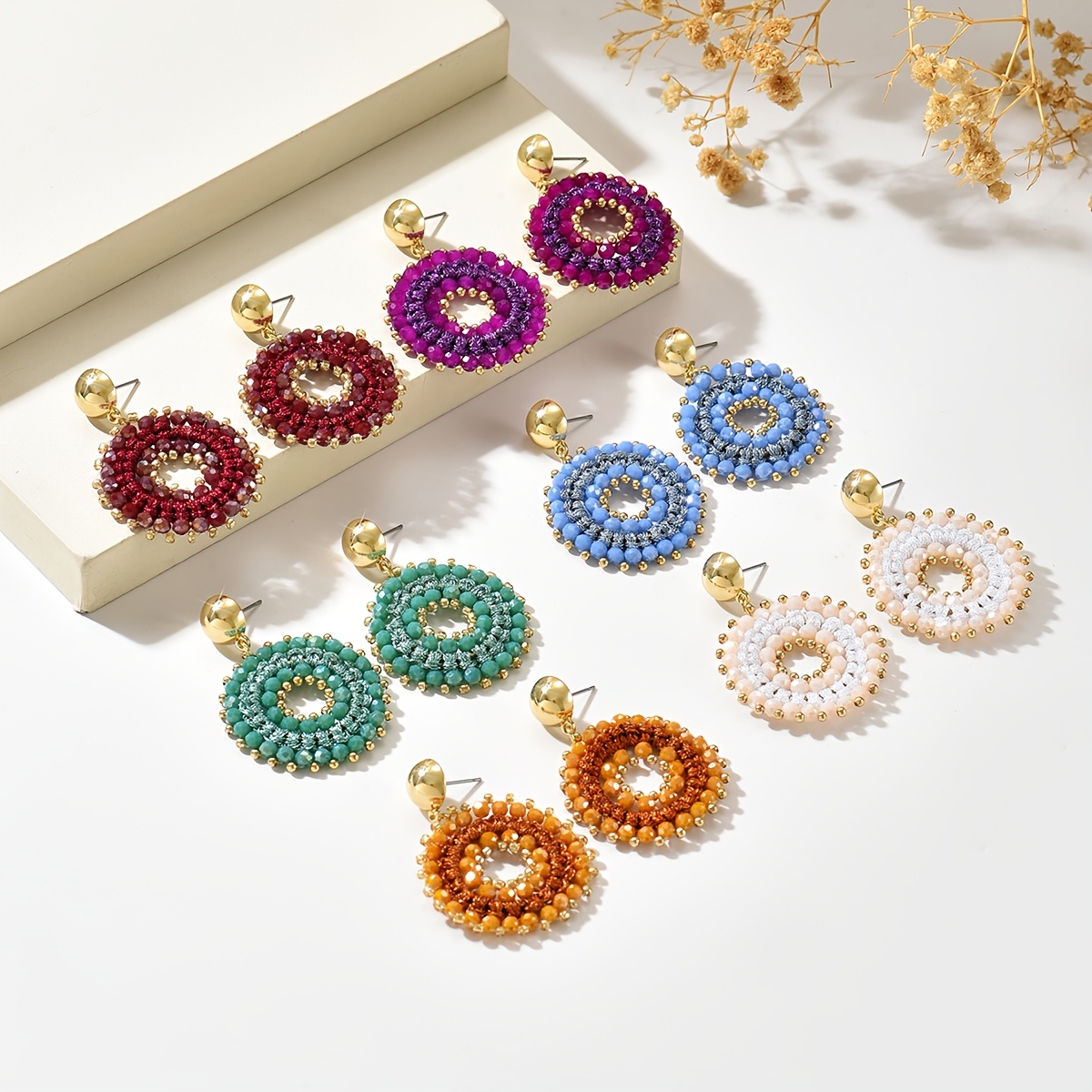 Bohemian Fashion Beaded Round Dangle Earrings, Handmade