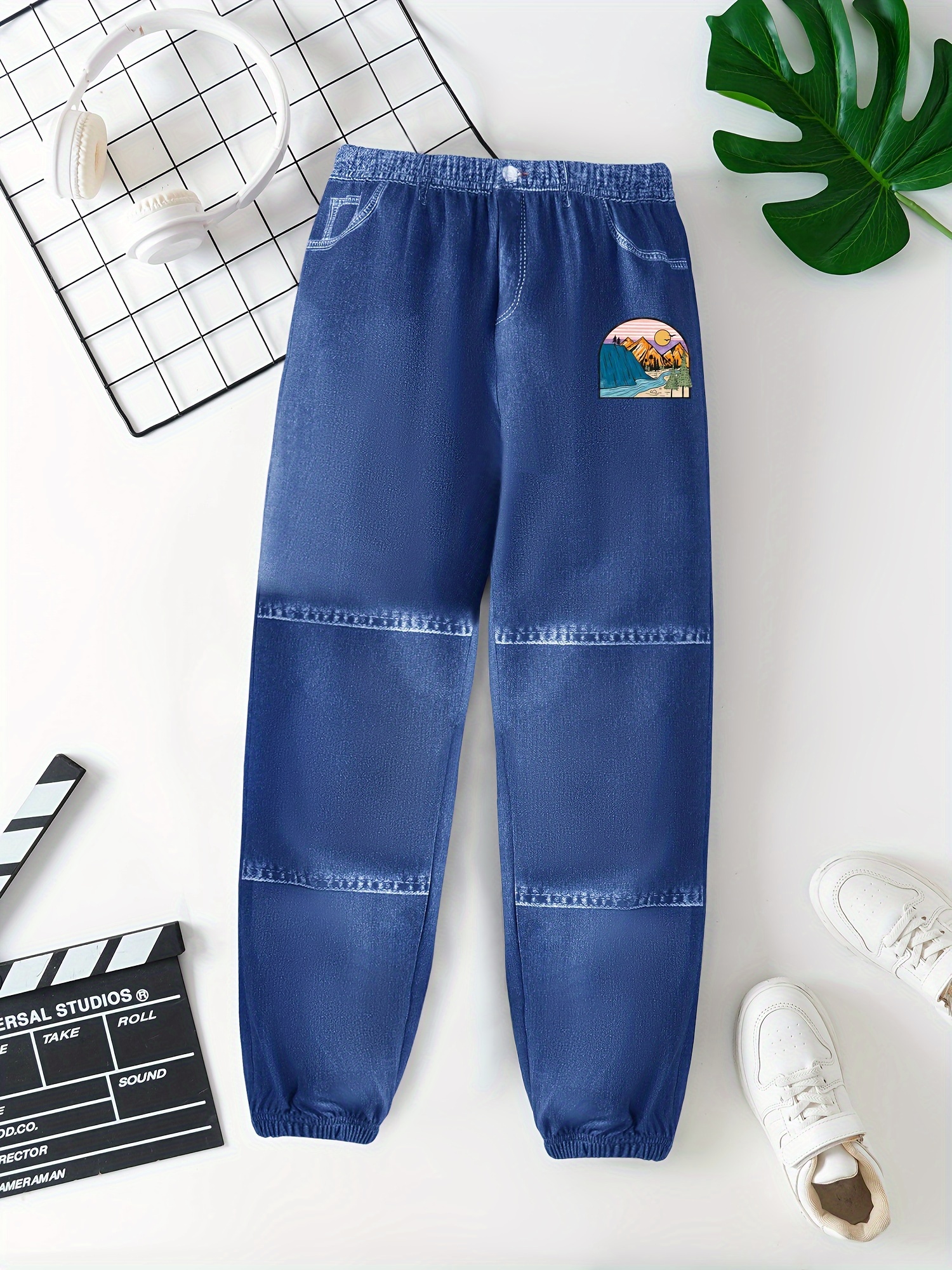 Boy's Trendy Mountain American Football Pattern Jeans Comfy - Temu