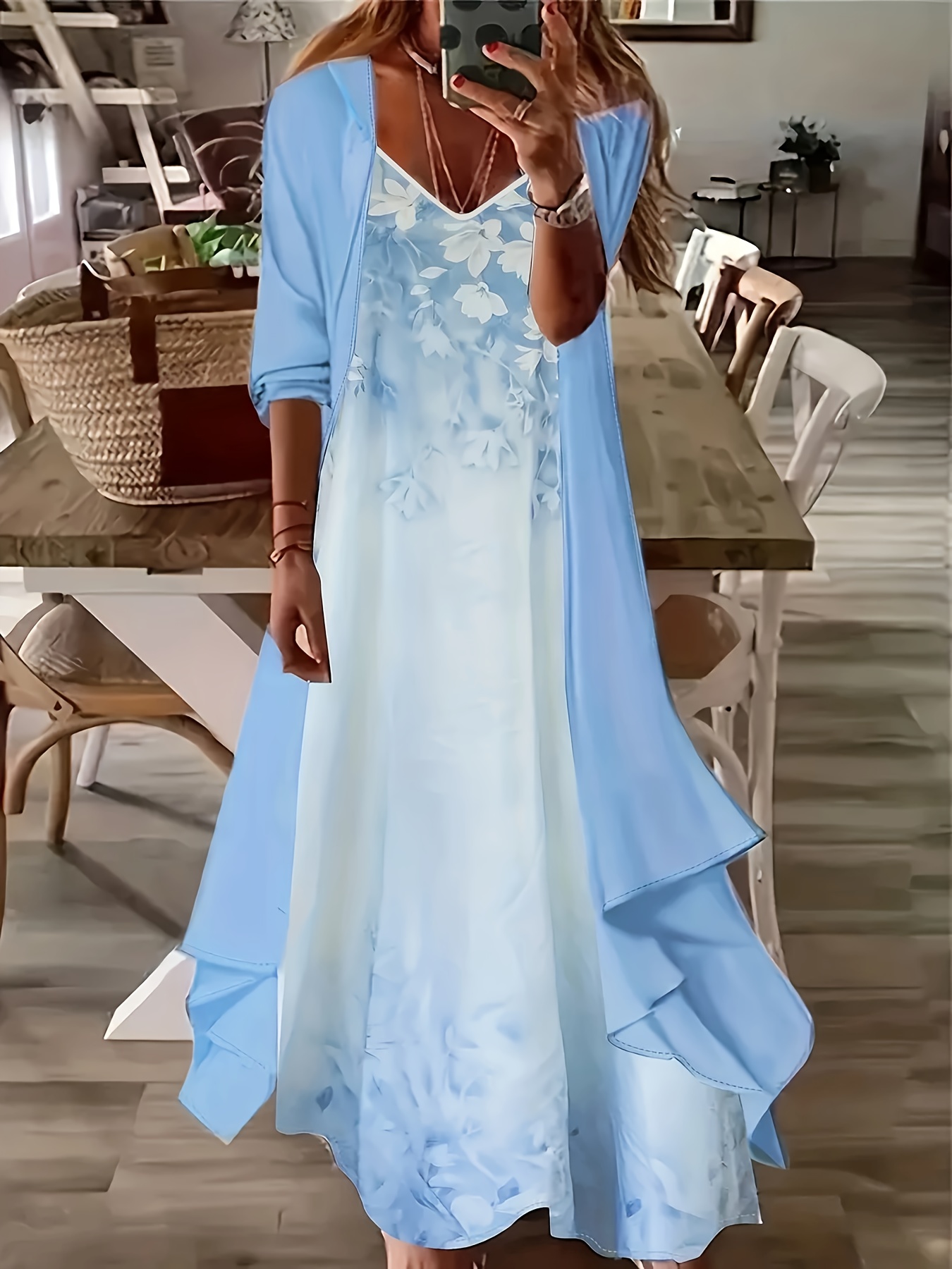 Plus Size Floral Print Two-piece Set, 3/4 Sleeve Open Front Top Slip  Dress Outfits, Women's Plus Size Clothing