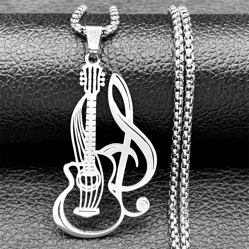 TEMU Hiphop Electric Guitar Music Pendant Necklace For Women Men Stainless Steel Golden Silvery Symbol Faith Chain Jewelry.kpop Style Jewelry., Gift
