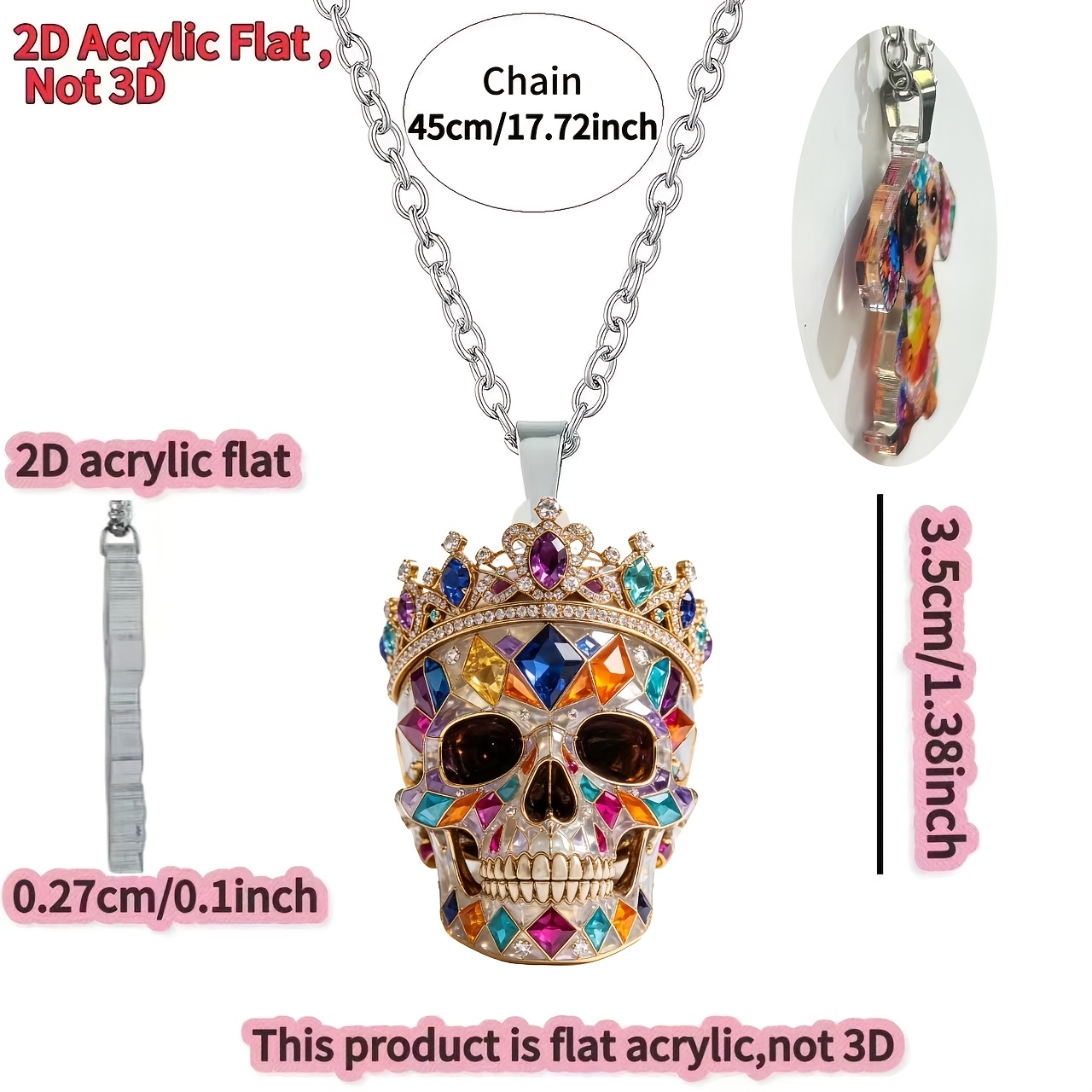 2D Flat Acrylic Skull Pattern Women's Pendant Necklace