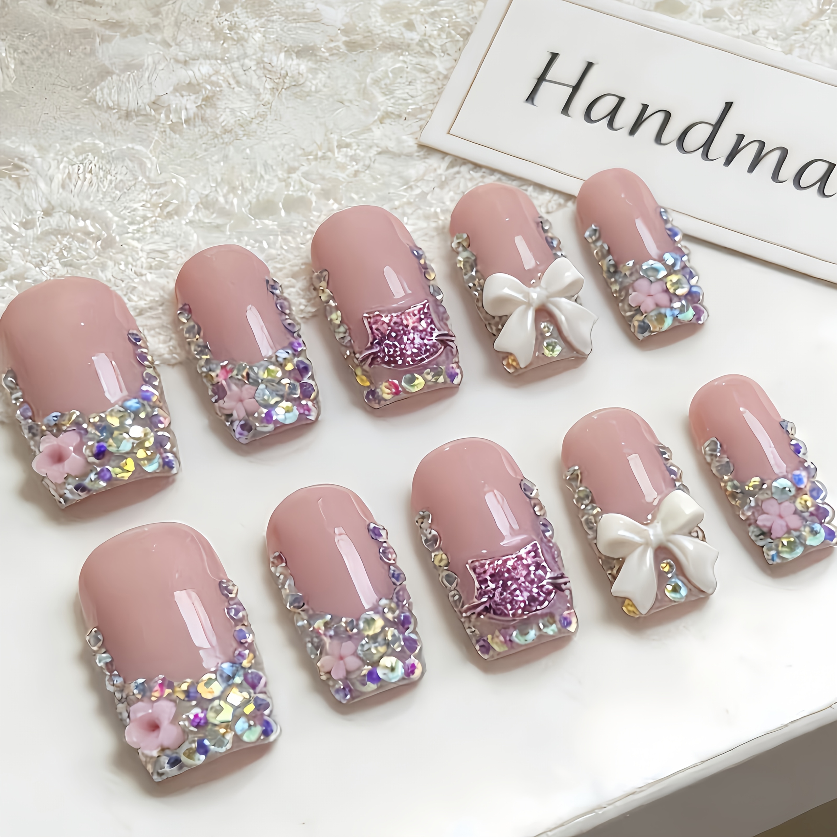 TEMU 10pcs Set Of Luxury Square Press-on Nails With Sparkling Floral Rhinestones, Suitable For Holiday, Graduation, And Wedding Parties