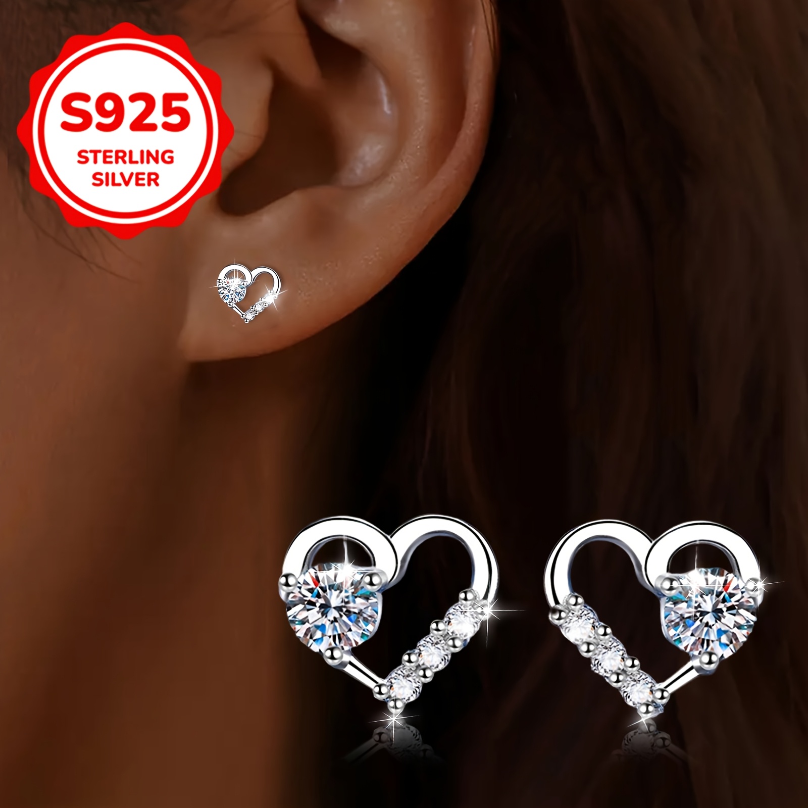 TEMU Une paire de clous d'oreilles tendance en argent pour femme, avec un design de cœur. Boucles d'oreilles et élégantes pour couple, adaptées pour