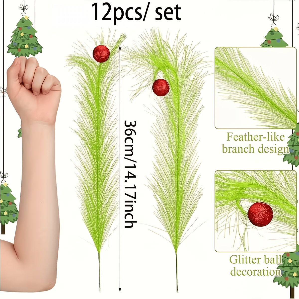 TEMU 12pcs Christmas Decoration Artificial Green Pampas Grass And Red Ball Holiday Gift Set, Suitable For Christmas Tree Decoration, Independent Elf