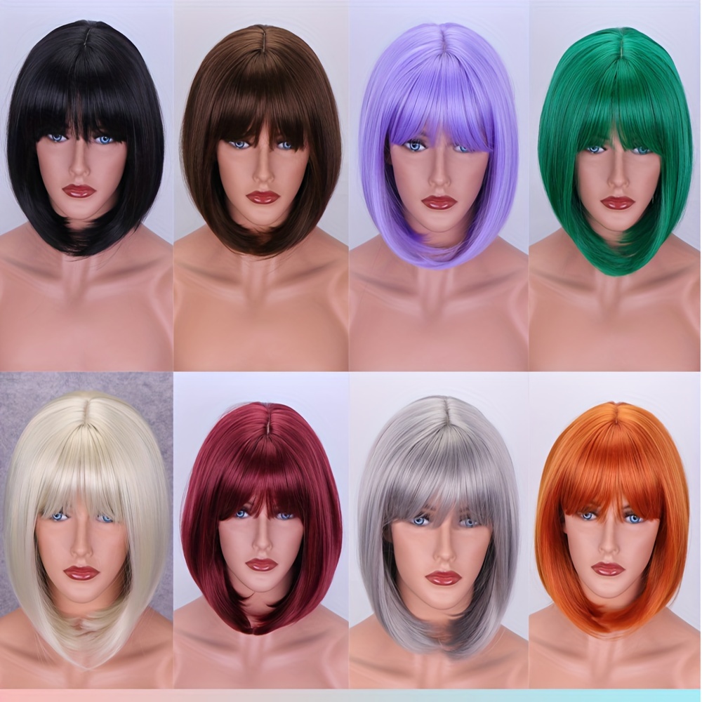 

Colorful Bob Cut Wig With Bangs Short Straight Wig Synthetic Wig Beginners Friendly Heat Resistant Wig Party Wig For Women