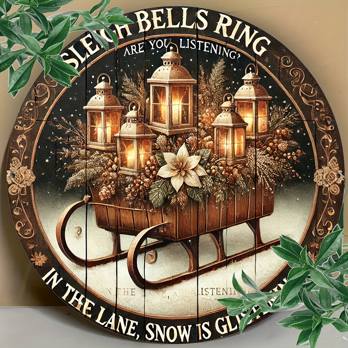 

Ring Christmas Wall Sign: Rustic Snow Sled With Lanterns And Holly, Perfect For Indoor And Outdoor Decor - 20cm/7.87inch