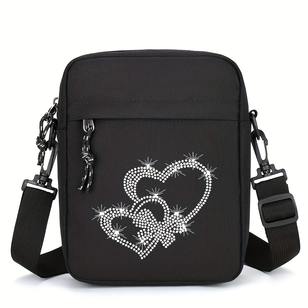 High-end Elegant Women's Crossbody Bag Sparkling Heart Print Multi-functional Convenient All-match Nylon Small Square Bag Single Shoulder Phone Bag
