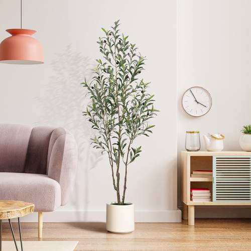 large artificial olive tree with multi trunk realistic silk like leaves fruits in beige planter indoor outdoor olive tree for office mediterranean decor low maintenance plant with container no watering easy setup