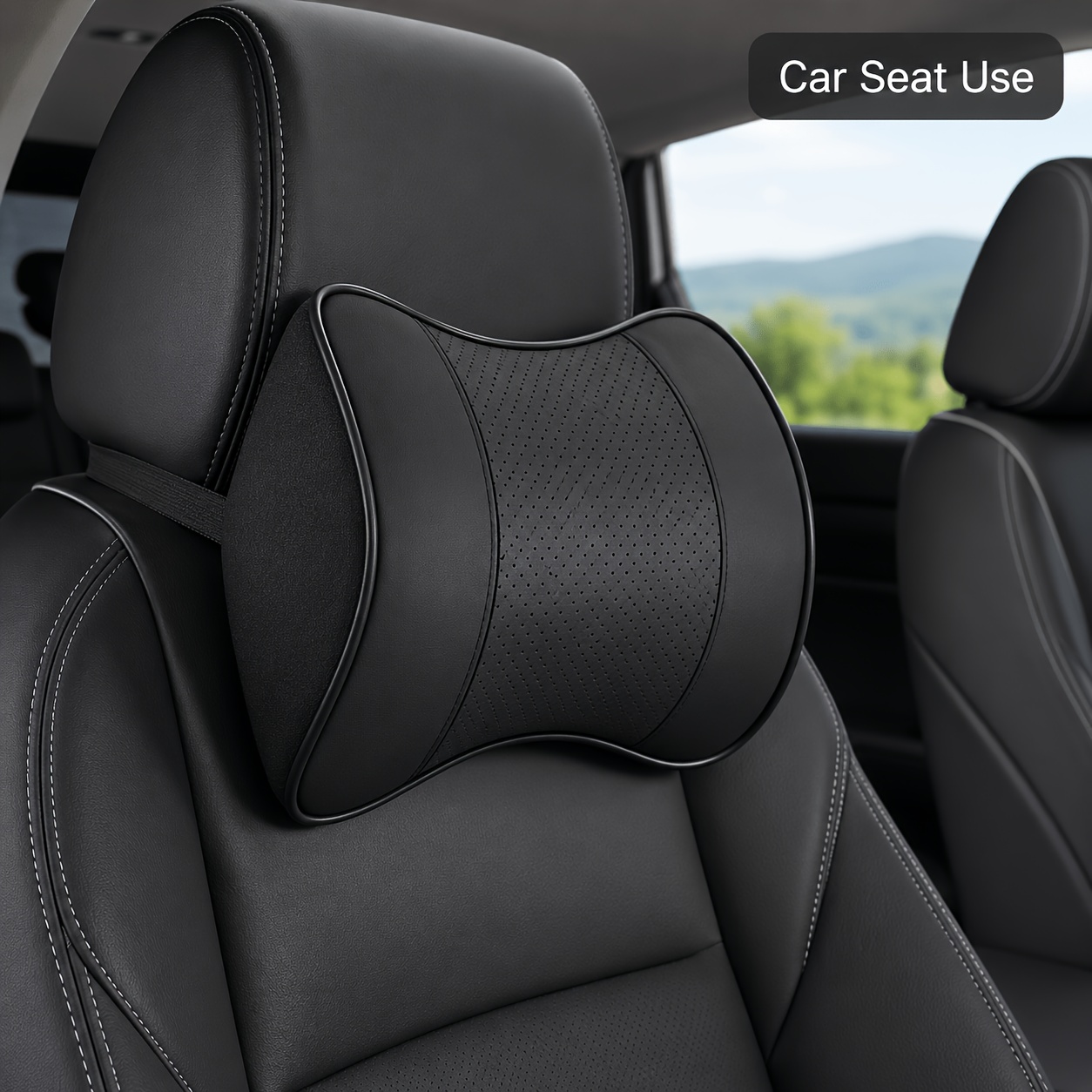 TEMU Oreiller d'-tête noir pour voiture, coussin de siège de voiture à arc, texture perforée, panneau central, ceinture de fixation, installation