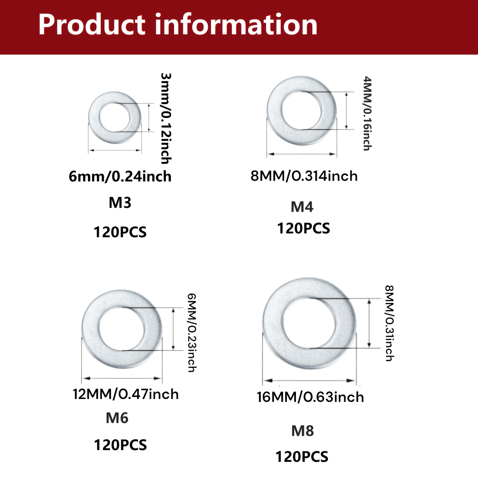 TEMU Kit d'assortiment de 120 rondelles plates en acier inoxydable, joint métrique M3 M4 M5 M6 M8 M10 M12 pour boulons et vis