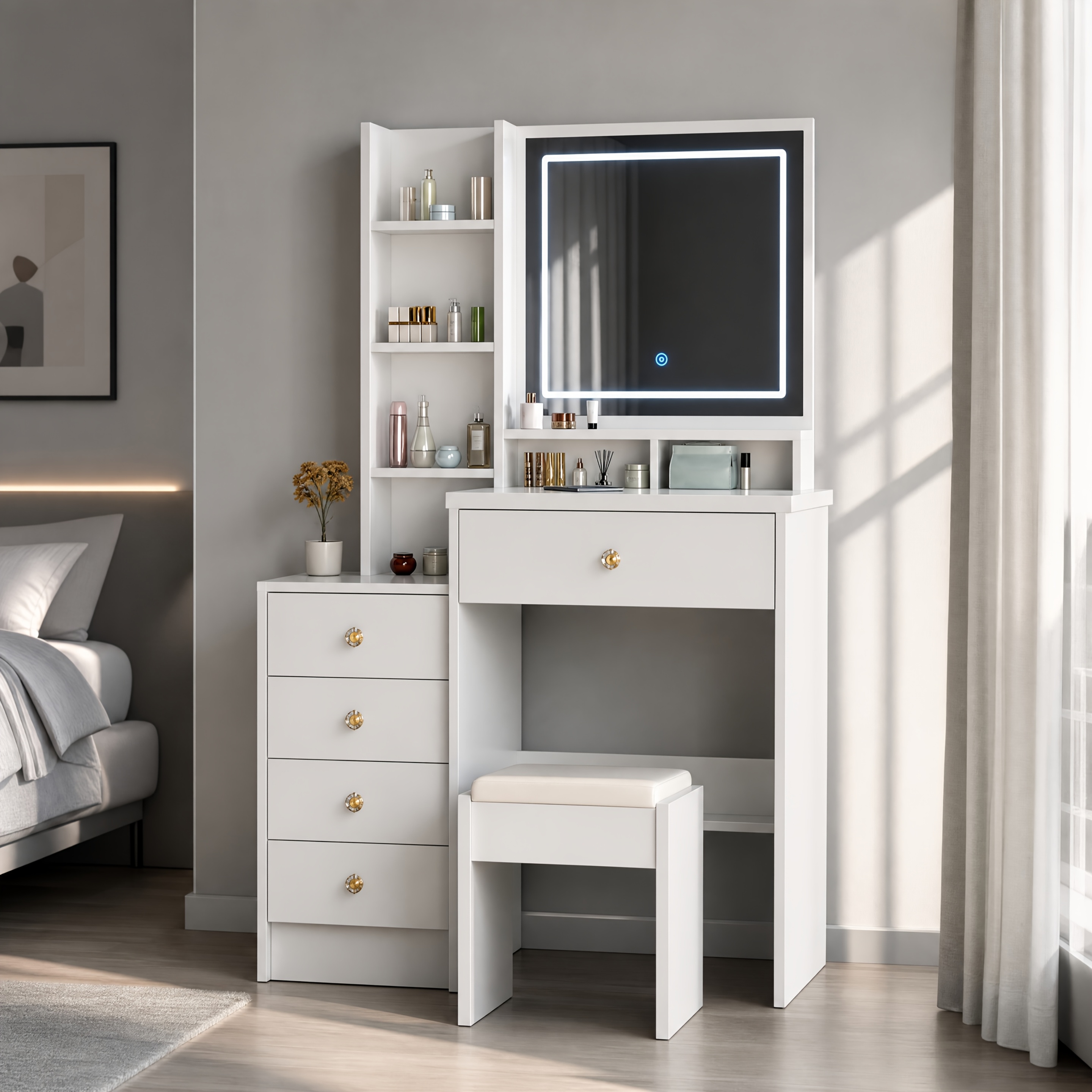 TEMU Tavolo da trucco con specchio, 4 piccoli cassetti, 1 grande, contenitore , per riporre oggetti, dotato di sgabello e 3 modalit� di illuminazione
