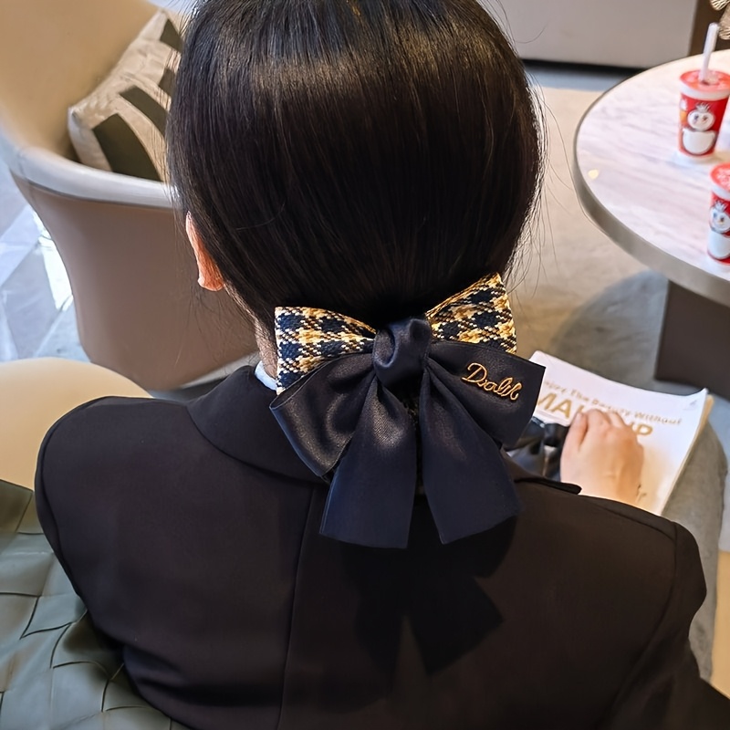 TEMU ブラック千鳥格子 オフィス用ヘアクリップ、クでトなスタイルのリボンヘアクリップ、銀行・スチュワーデス・ホテル専用アップスタイル用ネットバッグ付きヘアアクセサリー、通勤に多用途