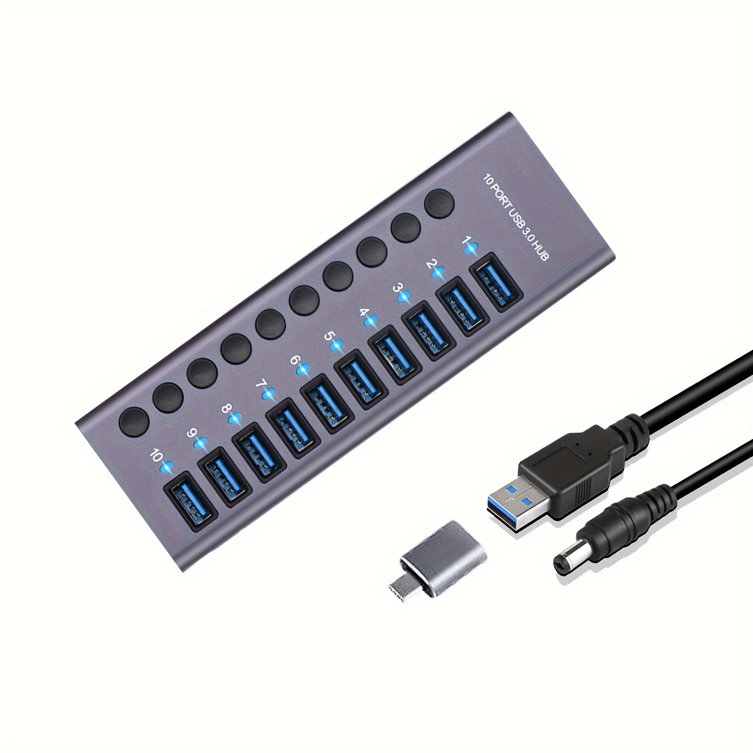 

Usb Splitter With 10 For Data Transfer And 60w Power Adapter, Featuring Switches