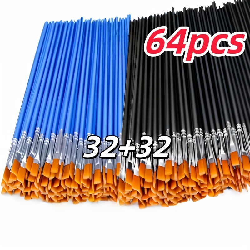 TEMU Lot de 64 pinceaux plats en nylon, parfaits pour la peinture à l'huile, , , d'art, l'artisanat, la roche, les ongles - Têtes de pinceaux bleues
