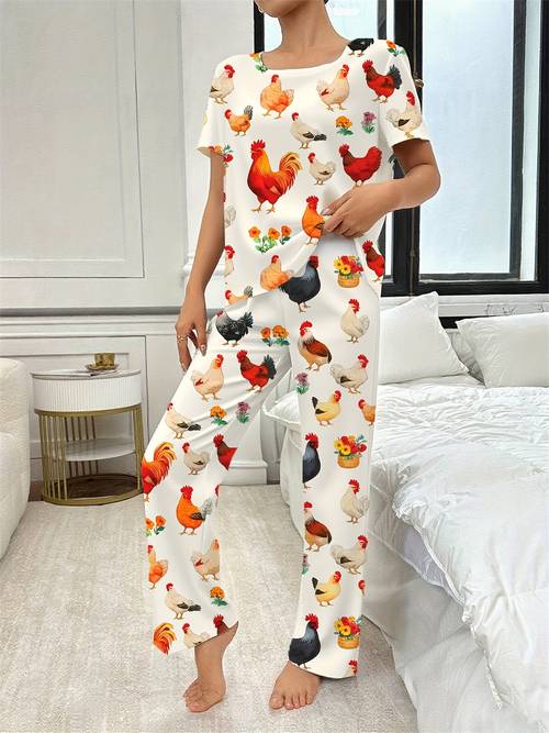 2pcs cartoon print autumn winter womens short sleeve set