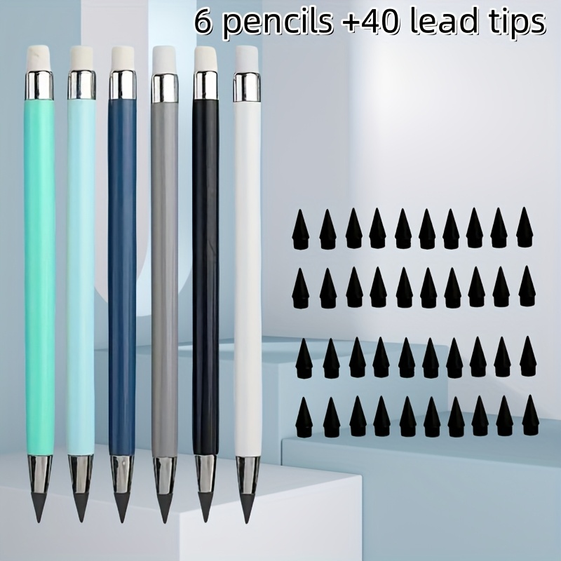 Image of 46pcs, 6 Pencils And 40 Lead Tips, Brand New Pencil Set, Eternal Pencil, Ink-free Infinite Pencil, School Sketching And Drawing Stationery, Back To School, School Supplies, With An Eraser Included