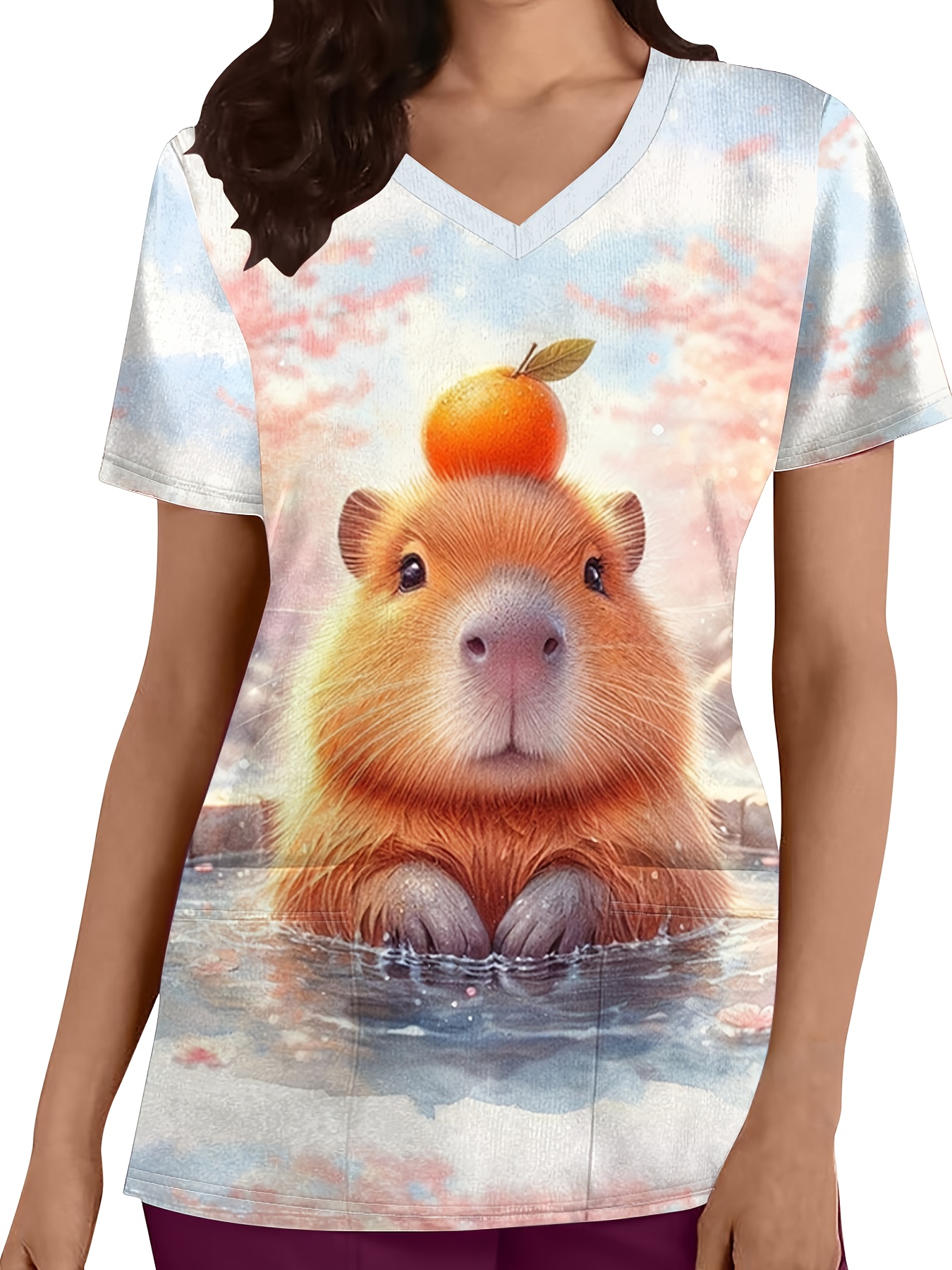 womens soft breathable v neck t shirt cute capybara orange animal print functional pockets machine washable elegant work uniform for healthcare professionals in   dental   institutions   attire   fabric